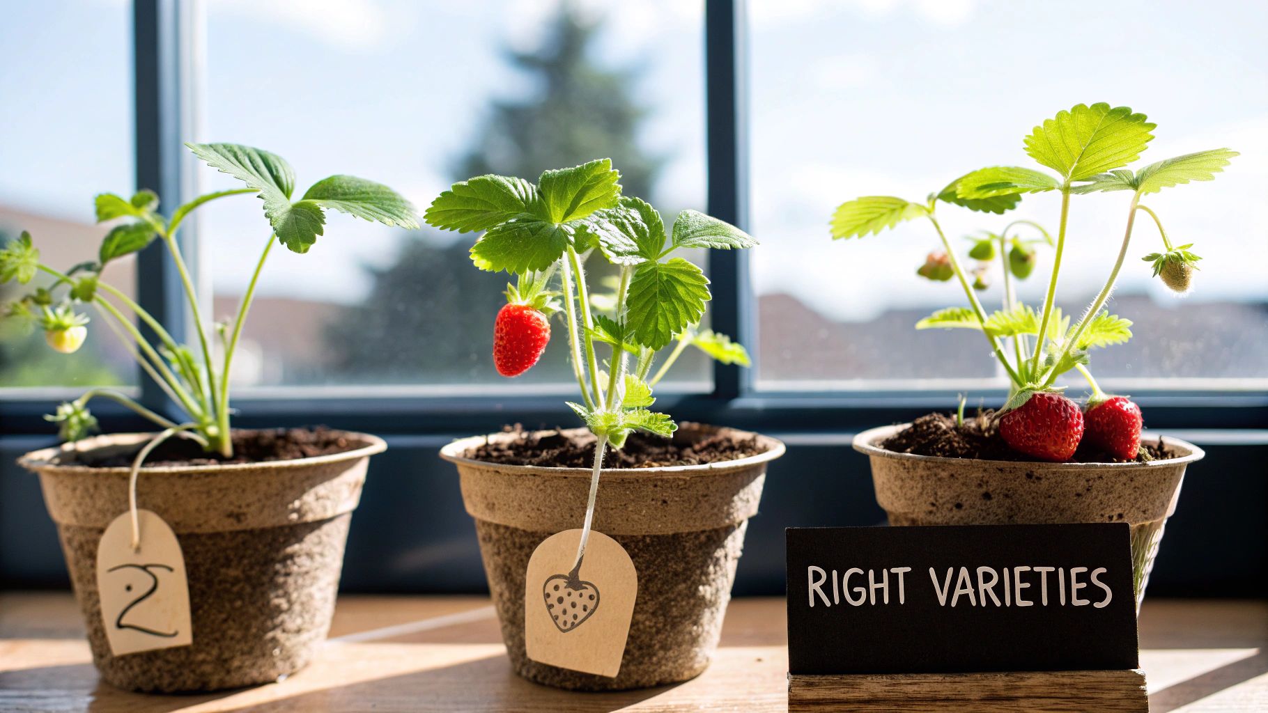 Close-up of a person's hands gently holding a small potted strawberry plant with green leaves and a single red berry.