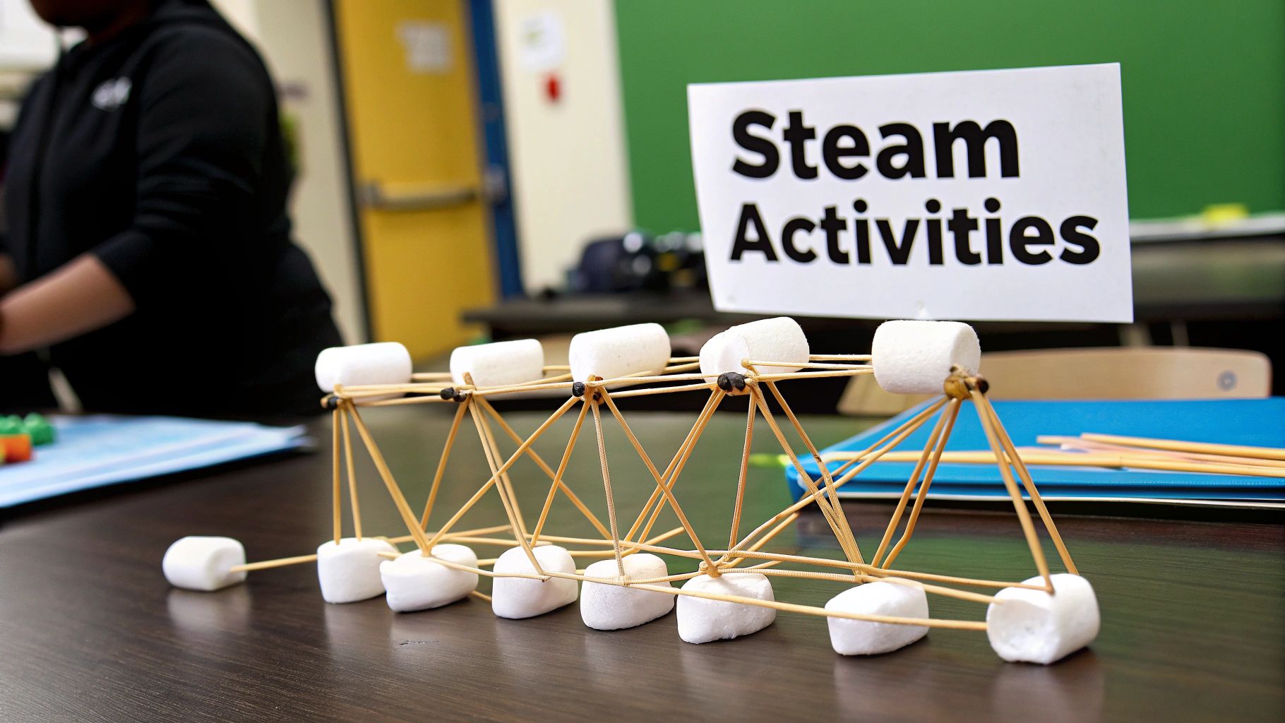 A creative marshmallow and toothpick structure built during a hands-on STEAM activity on a table.