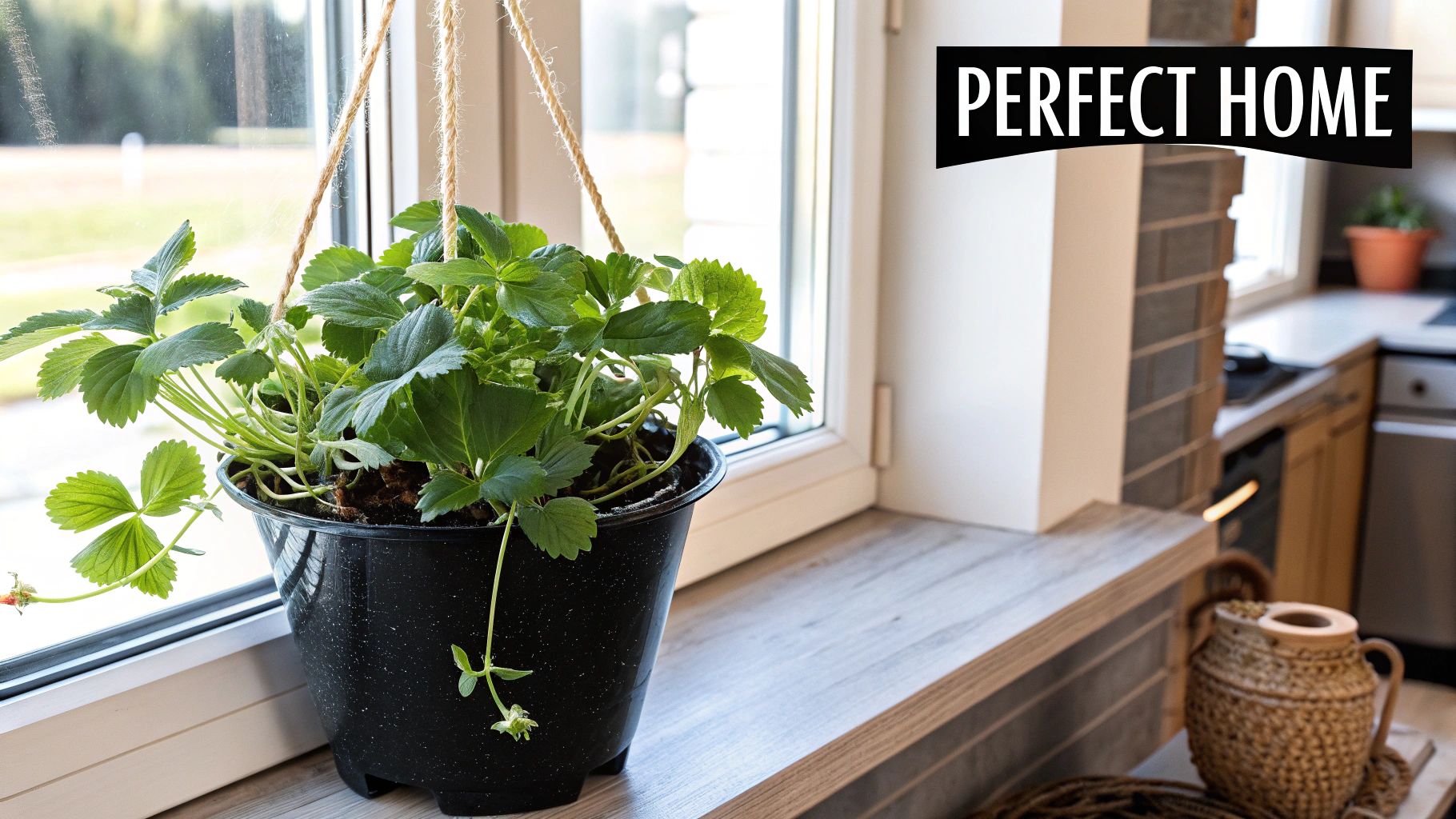 A person's hands potting a small strawberry plant into a terracotta pot filled with dark soil.