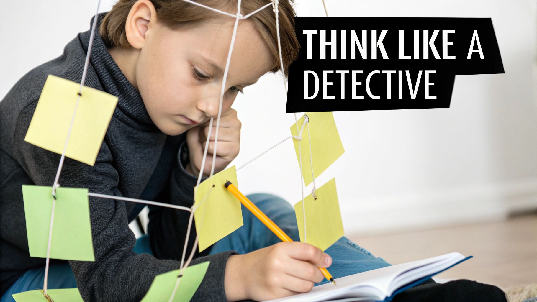 A child thinks deeply while looking at a complex cipher on a chalkboard.