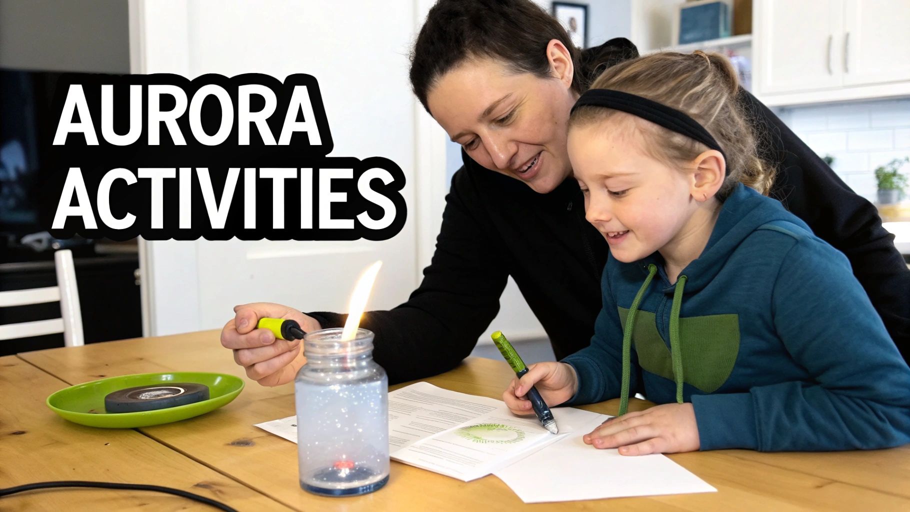 An adult and child perform a science experiment with a jar and flame, doing aurora activities.