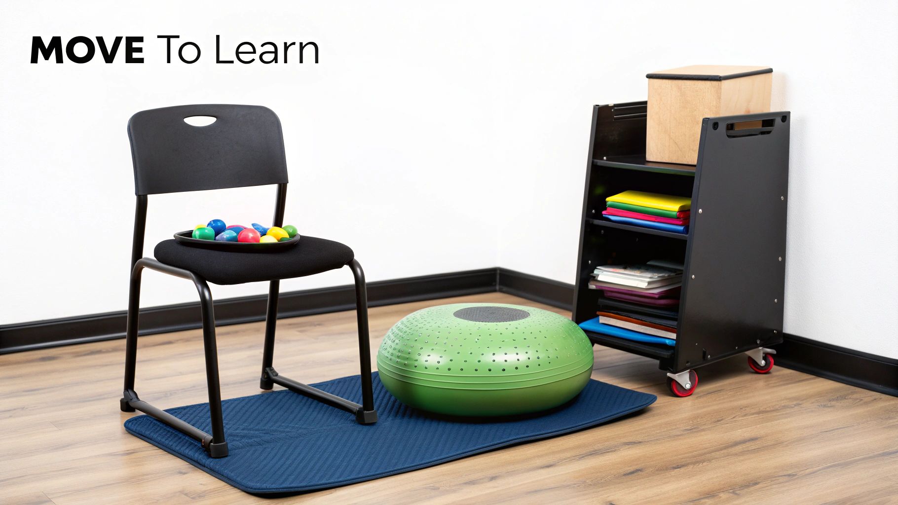 An active learning space with a black chair, stability ball, shelf of books, and 'MOVE To Learn' text.
