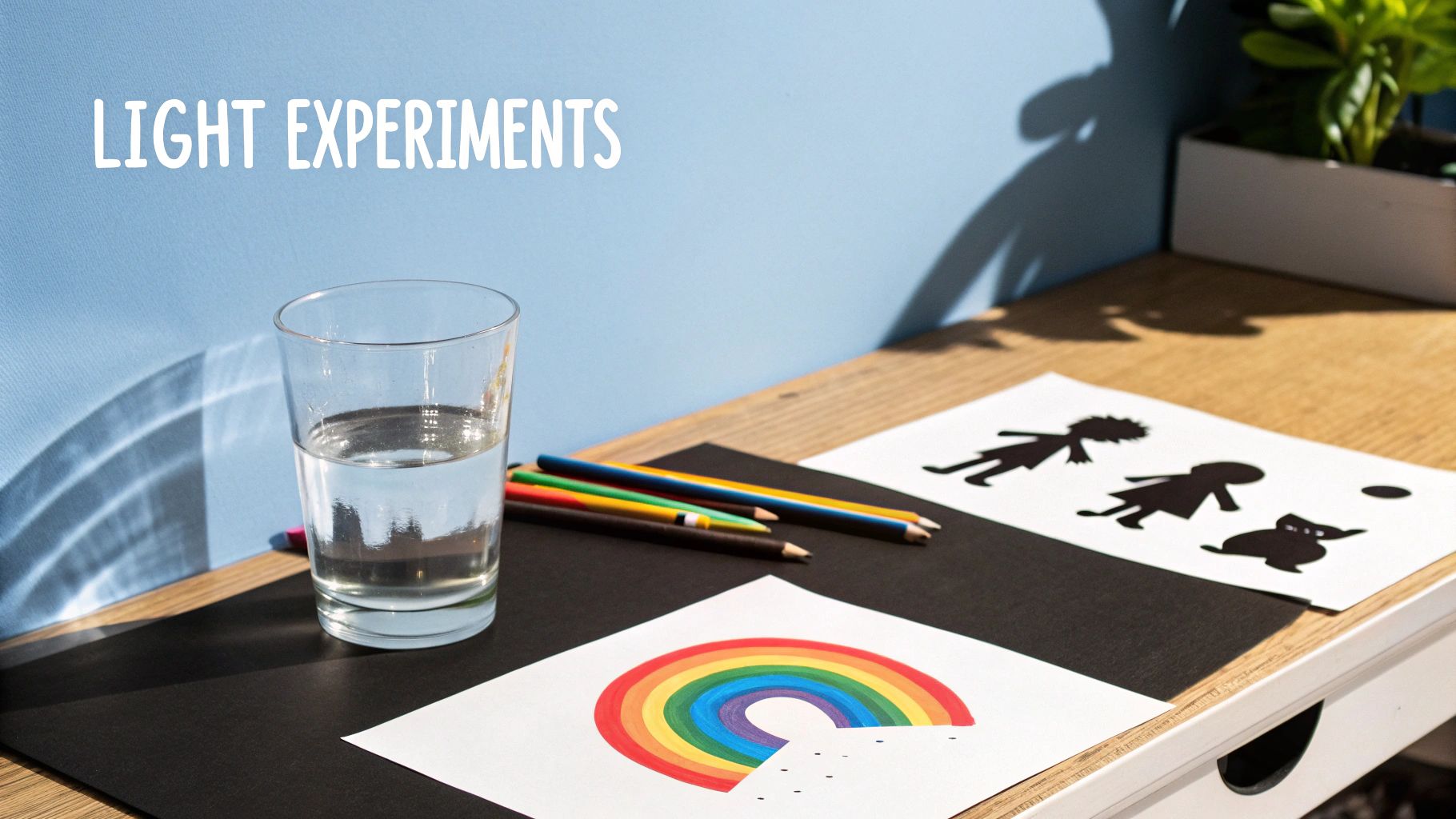 A desk with a glass of water, colored pencils, rainbow art, and silhouette cutouts for light experiments.