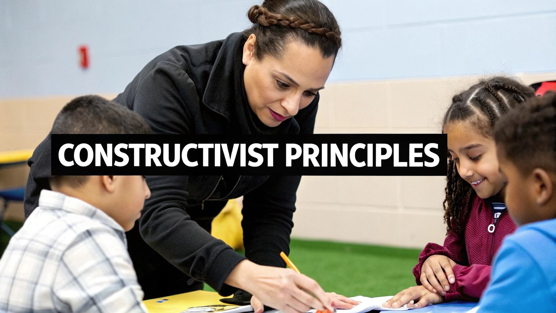 A group of young children working together on a science project in a brightly lit classroom, illustrating social and active learning.