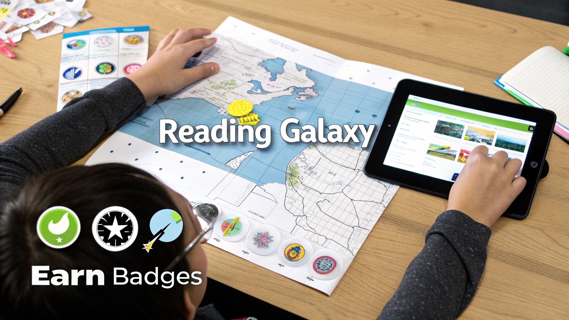 A child interacts with a tablet and a physical map, engaging in a gamified learning experience to earn badges.