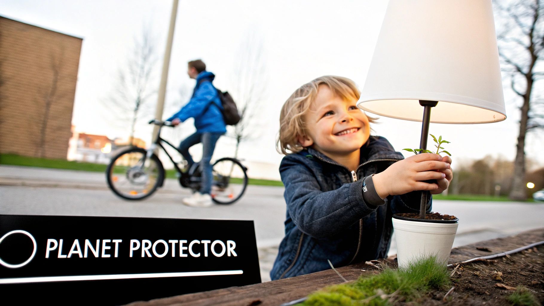 A happy child smiles while nurturing a plant under a lamp, with a cyclist and 'PLANET PROTECTOR' sign.