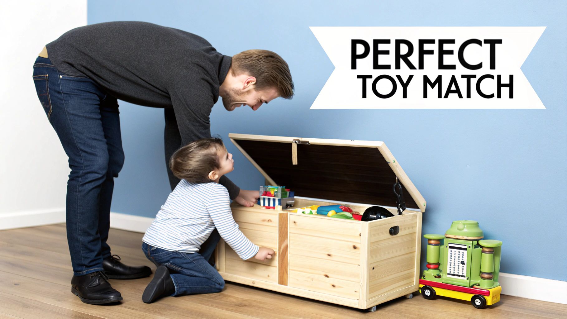 Father and child happily organize colorful toys in a wooden toy chest.