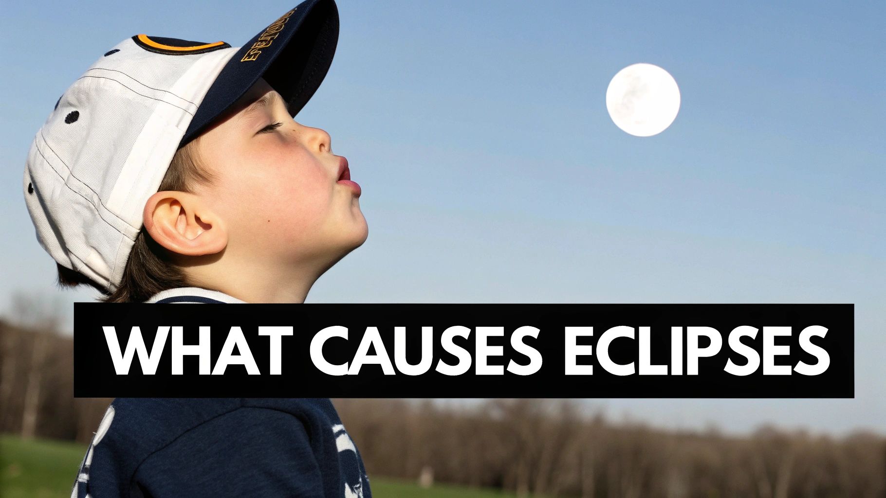 A young child in a baseball cap looks up at a bright full moon in the blue sky.