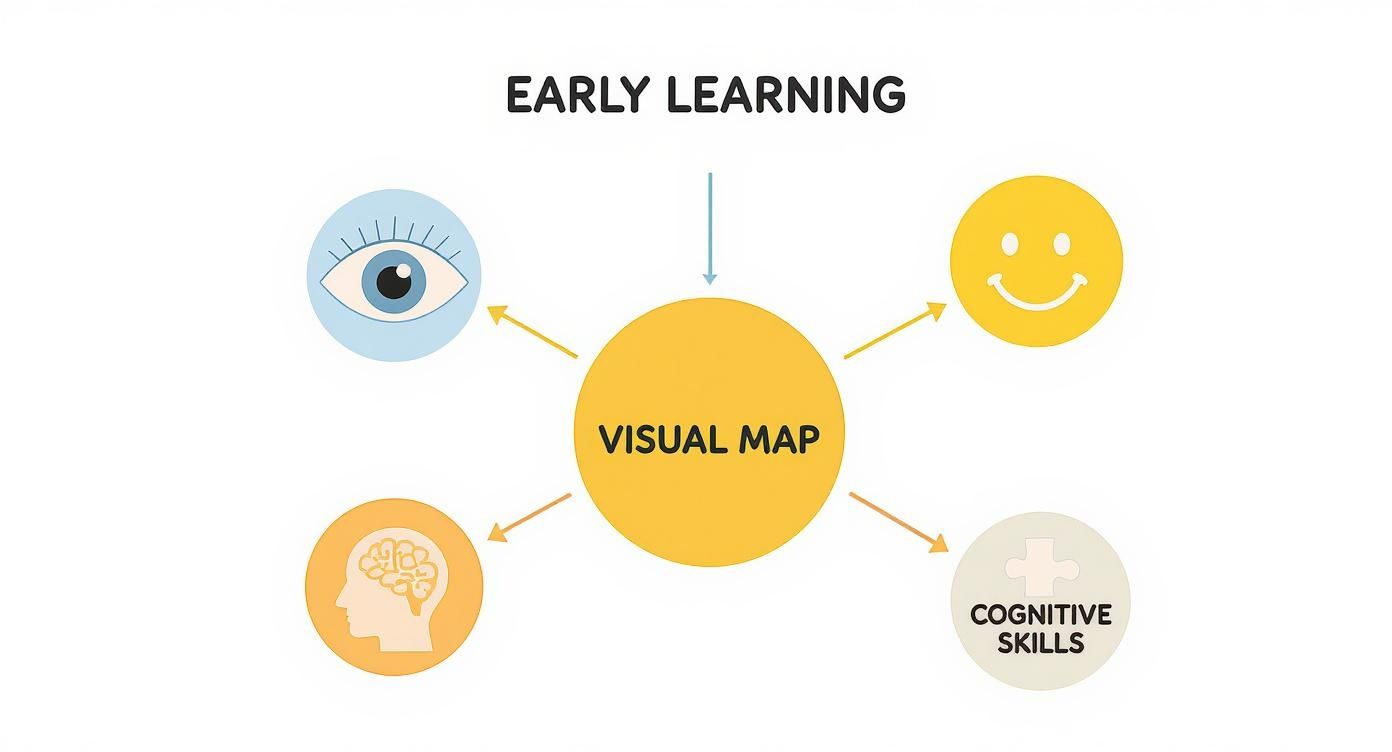 A colorful concept map illustrating early learning, visual maps, cognitive skills, and emotional engagement.