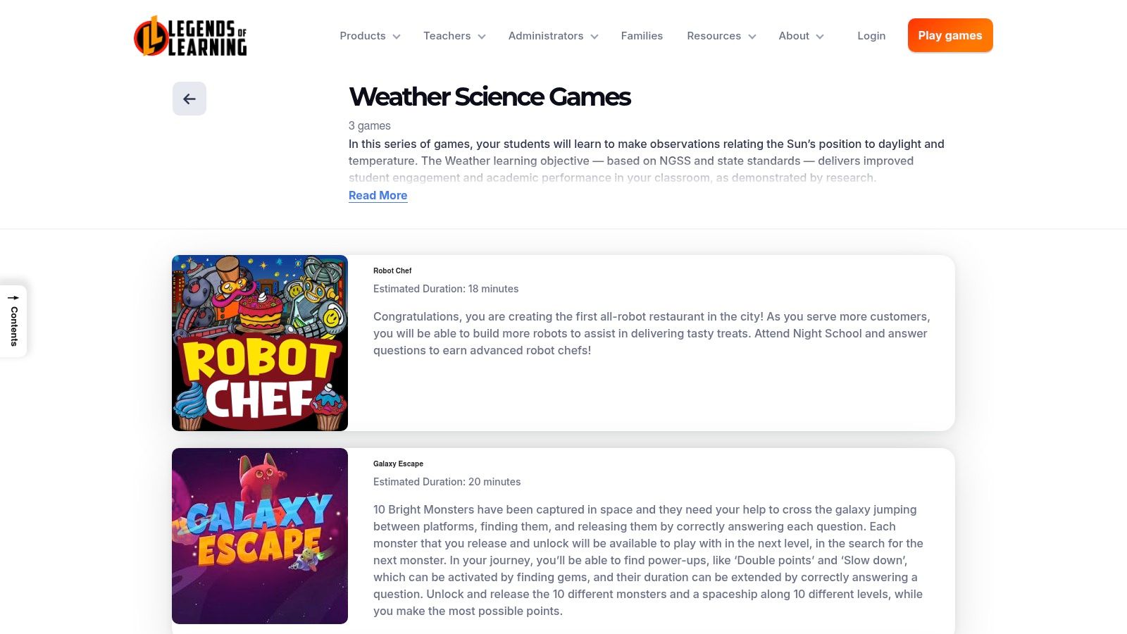 The game selection screen on the Legends of Learning website, showing colourful icons for various weather and science games.