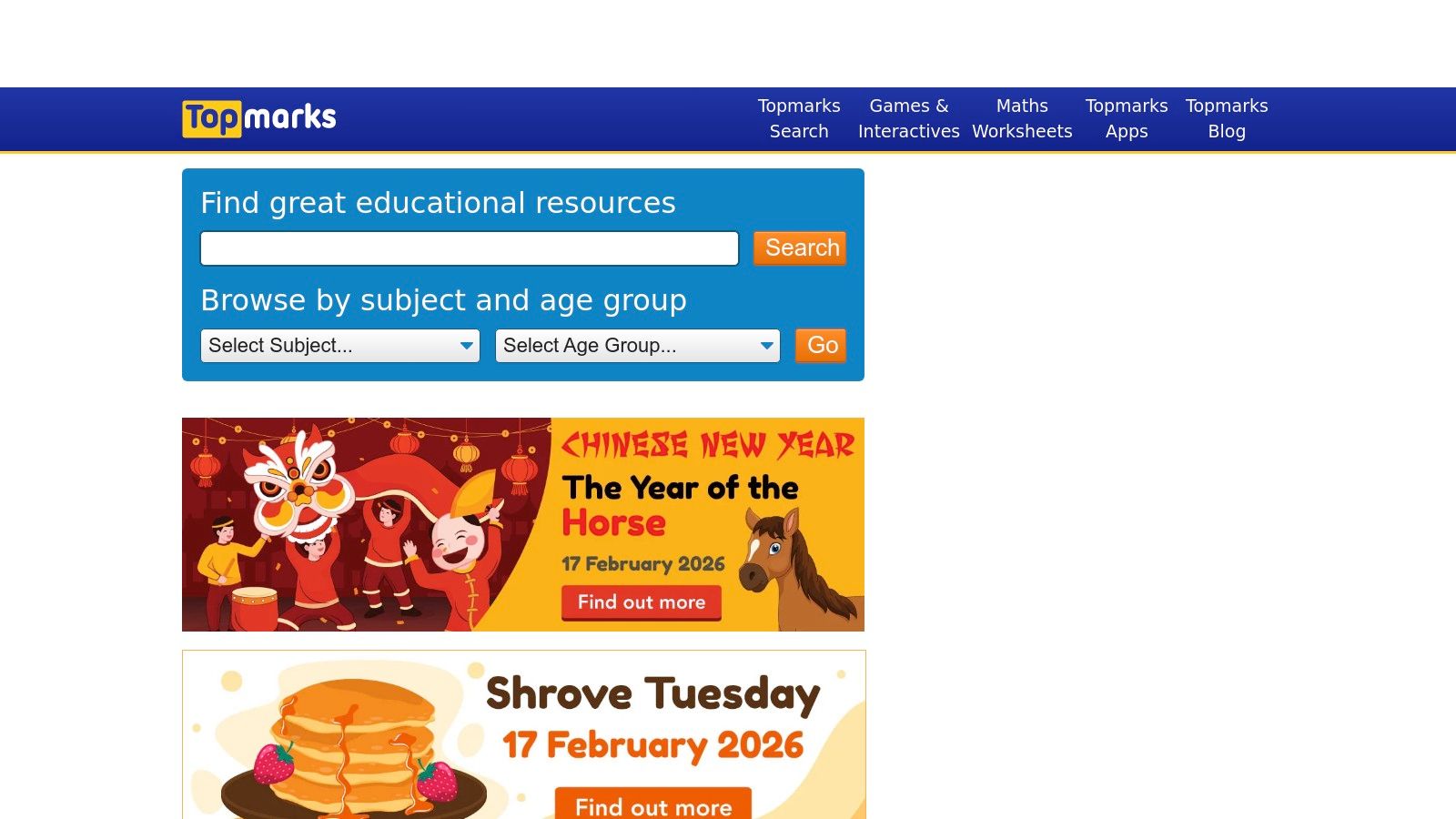 The homepage of the Topmarks website, showing colourful links to various educational games.