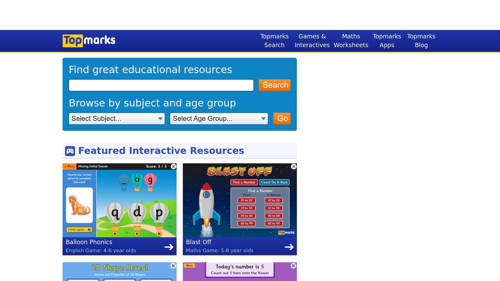 A screenshot of the Topmarks website homepage showing colourful game icons and navigation menus.