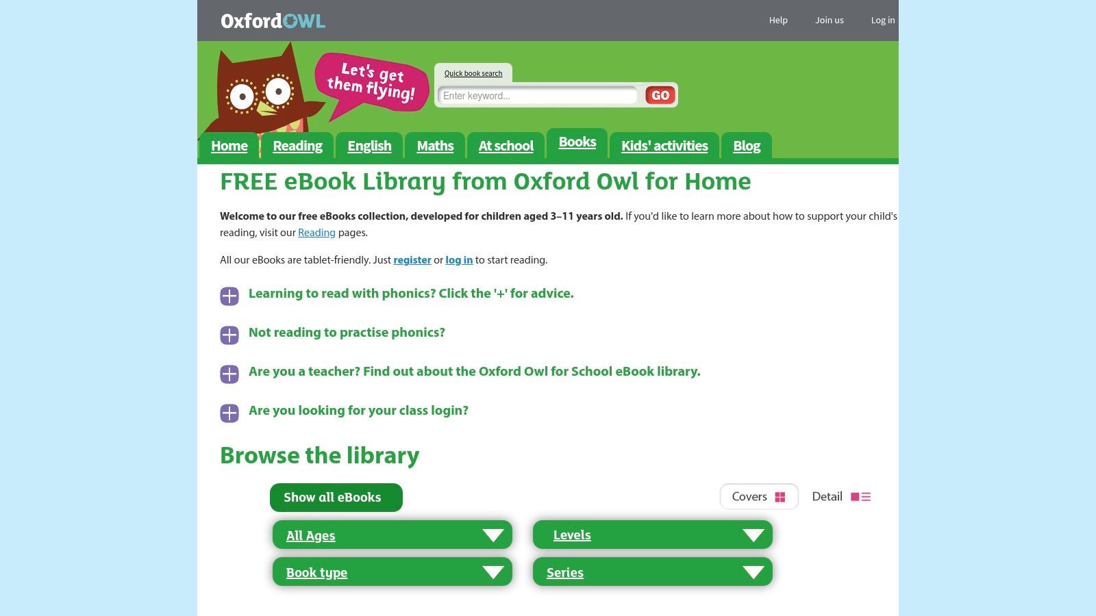 A six-year-old child reads an ebook on a tablet using the Oxford Owl for Home website.