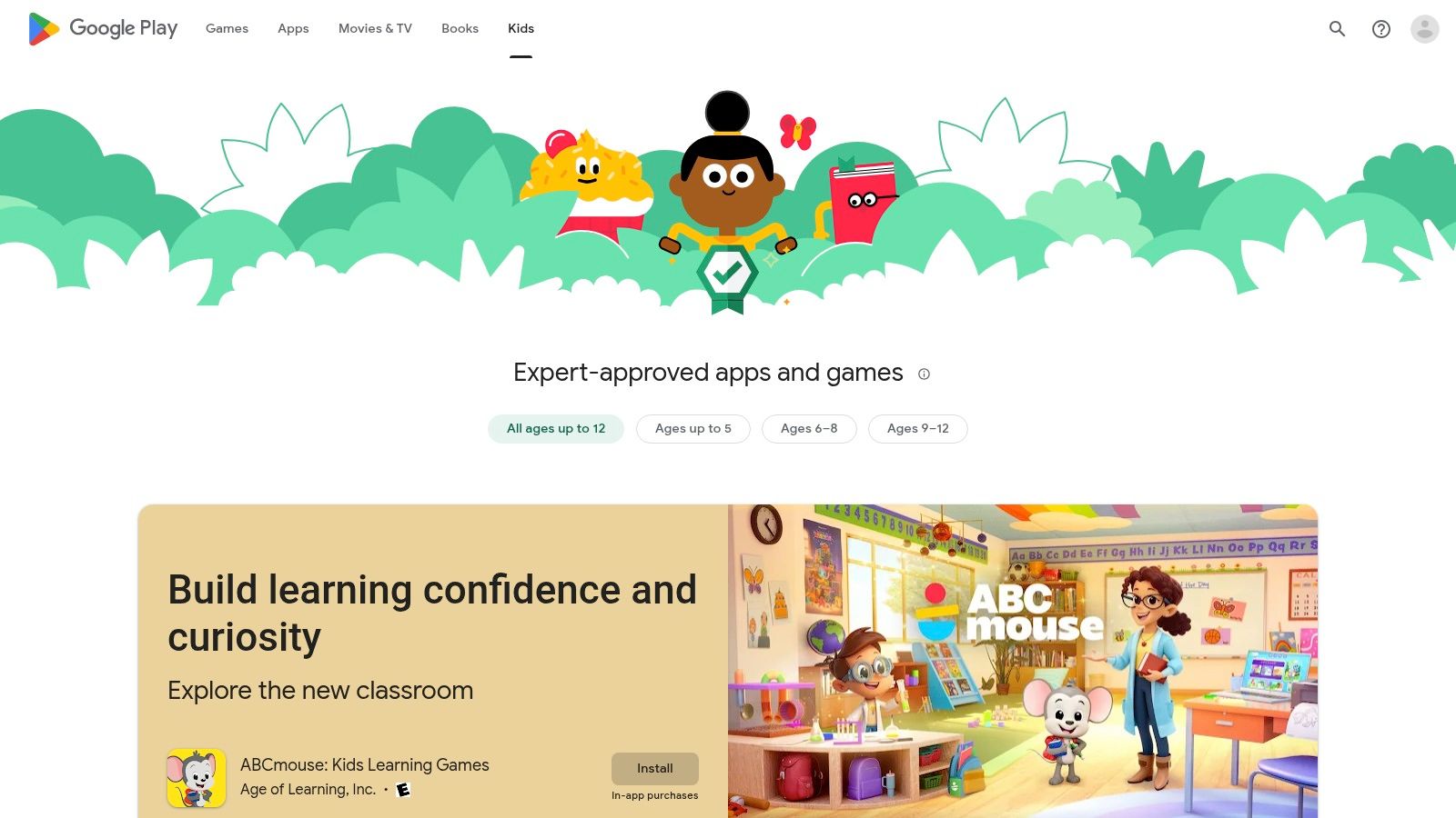 Two children playing educational games on a tablet, showcasing the Google Play interface.