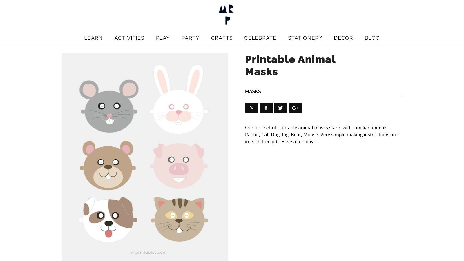 A collection of colourful printable animal masks from Mr Printables, including a cat, rabbit, and bear.