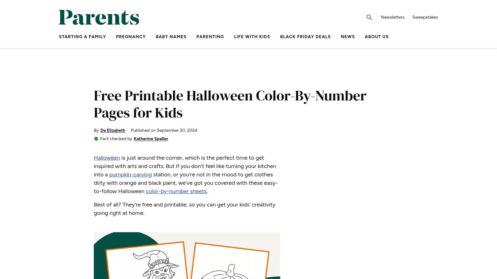 A screenshot of the Parents.com website showing a preview of a Halloween-themed colour-by-number page featuring a friendly ghost.