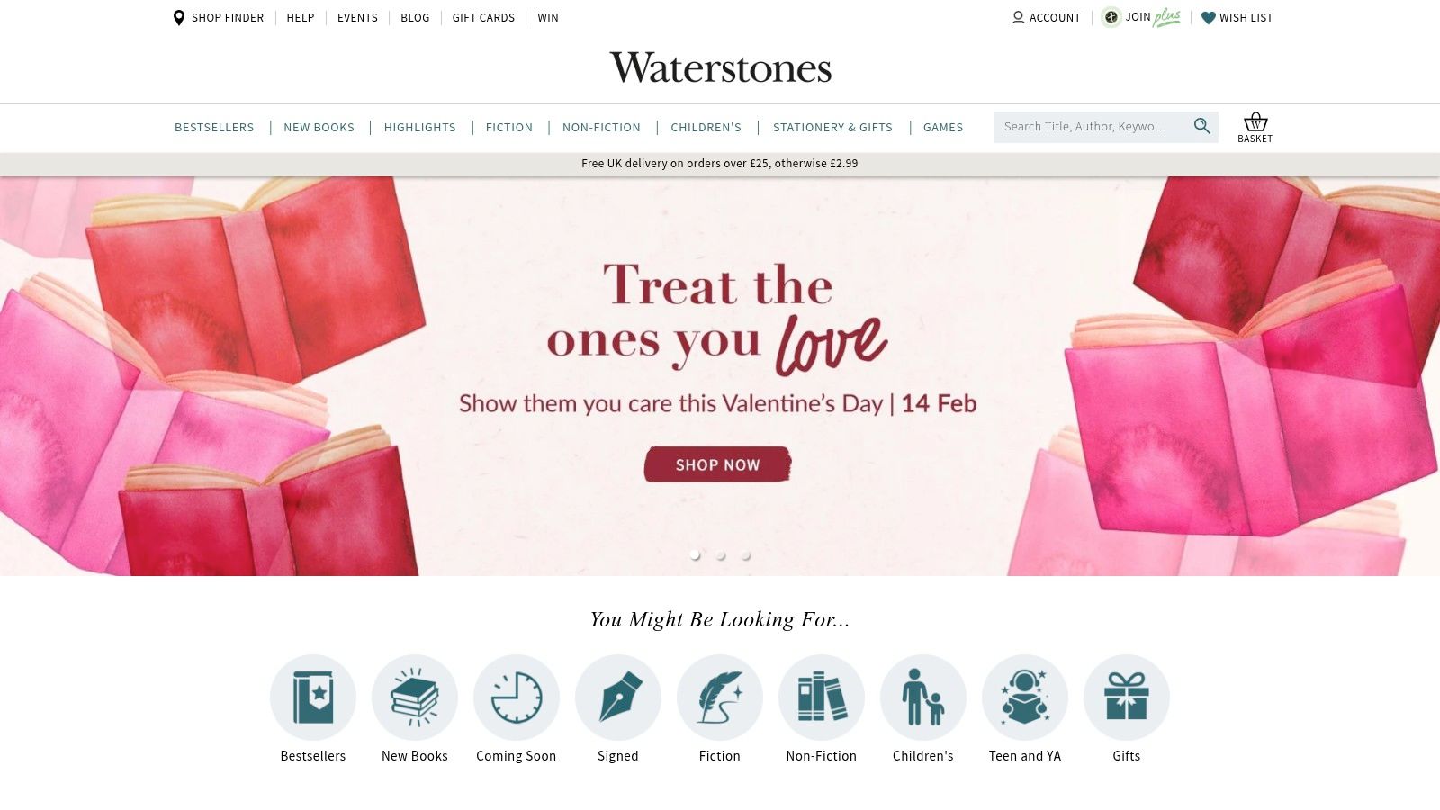 A screenshot of the Waterstones website homepage, showing featured books and colourful banners.