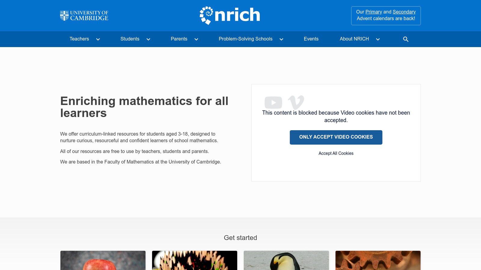 A screenshot of the NRICH website showing interactive maths puzzles and problem-solving activities.