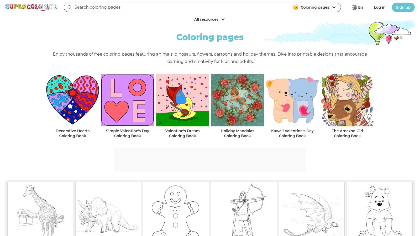 The homepage of the Supercoloring website showing various categories of colouring pages like animals and holidays.