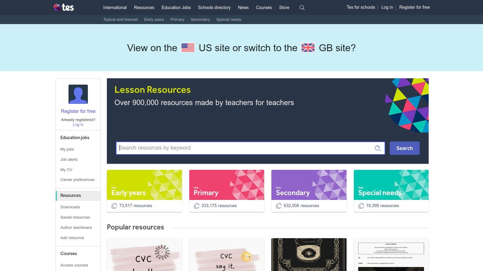 A view of the Tes Resources website showing various teaching materials for sale.