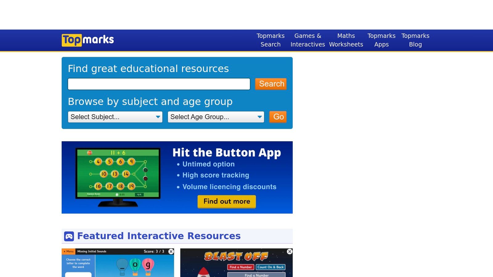 The homepage of the Topmarks educational website, showing games categorised by age and subject.
