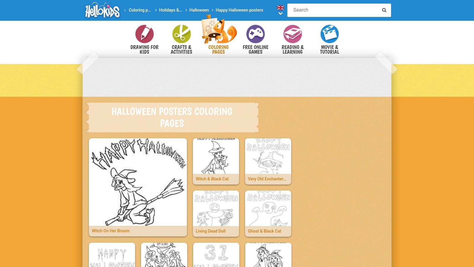 A screenshot of the HelloKids website showing a colourful interface with a Halloween colouring page of a friendly ghost, with online colouring tools on the side.