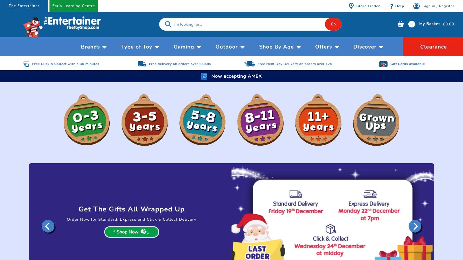 The Entertainer / TheToyShop.com website showing a selection of children's games.