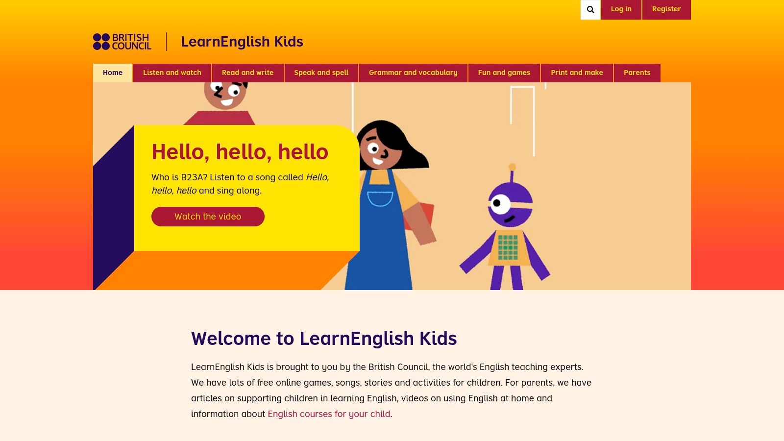 A screenshot of the British Council's LearnEnglish Kids games page, showing colourful and inviting game thumbnails.