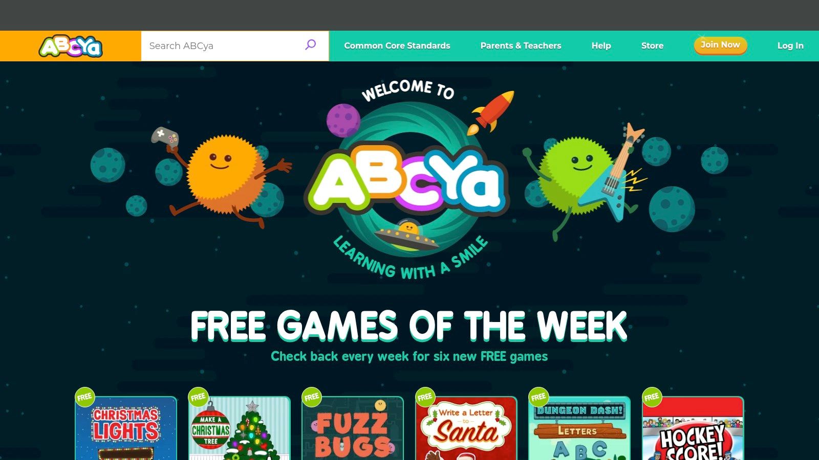 A colourful, cartoon-style educational game from ABCya displayed on a computer screen.