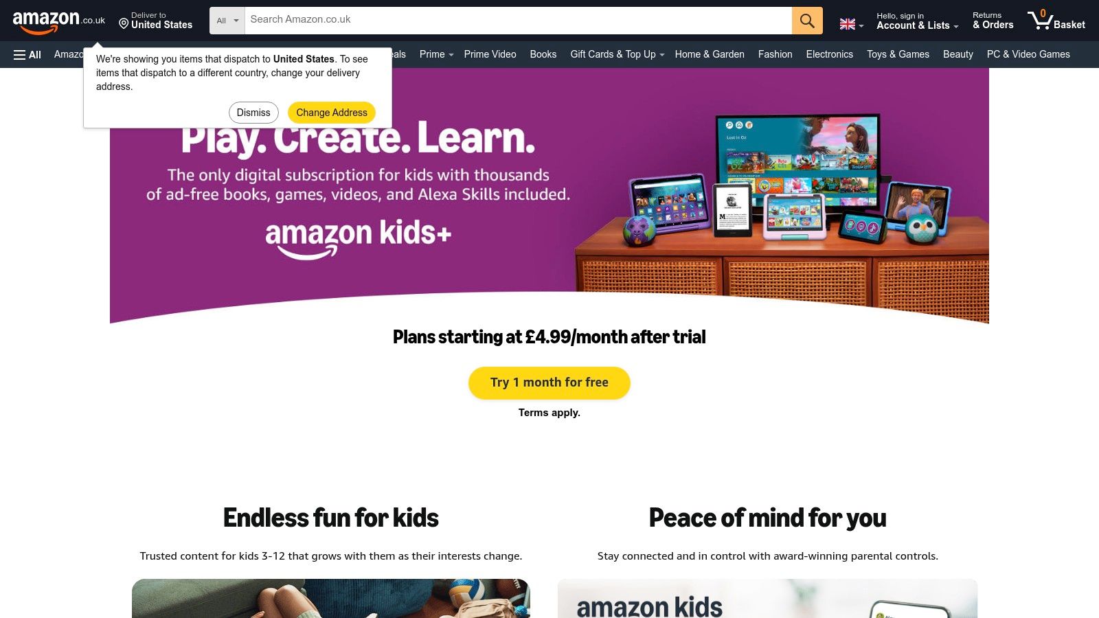 The interface of Amazon Kids+ (UK) showing a colourful selection of apps, books, and videos.