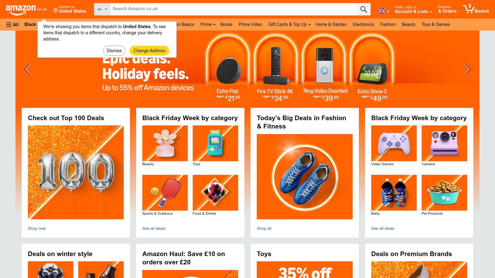 A screenshot of the Amazon UK homepage showing its logo and search bar, highlighting its role as a major online retailer for books.
