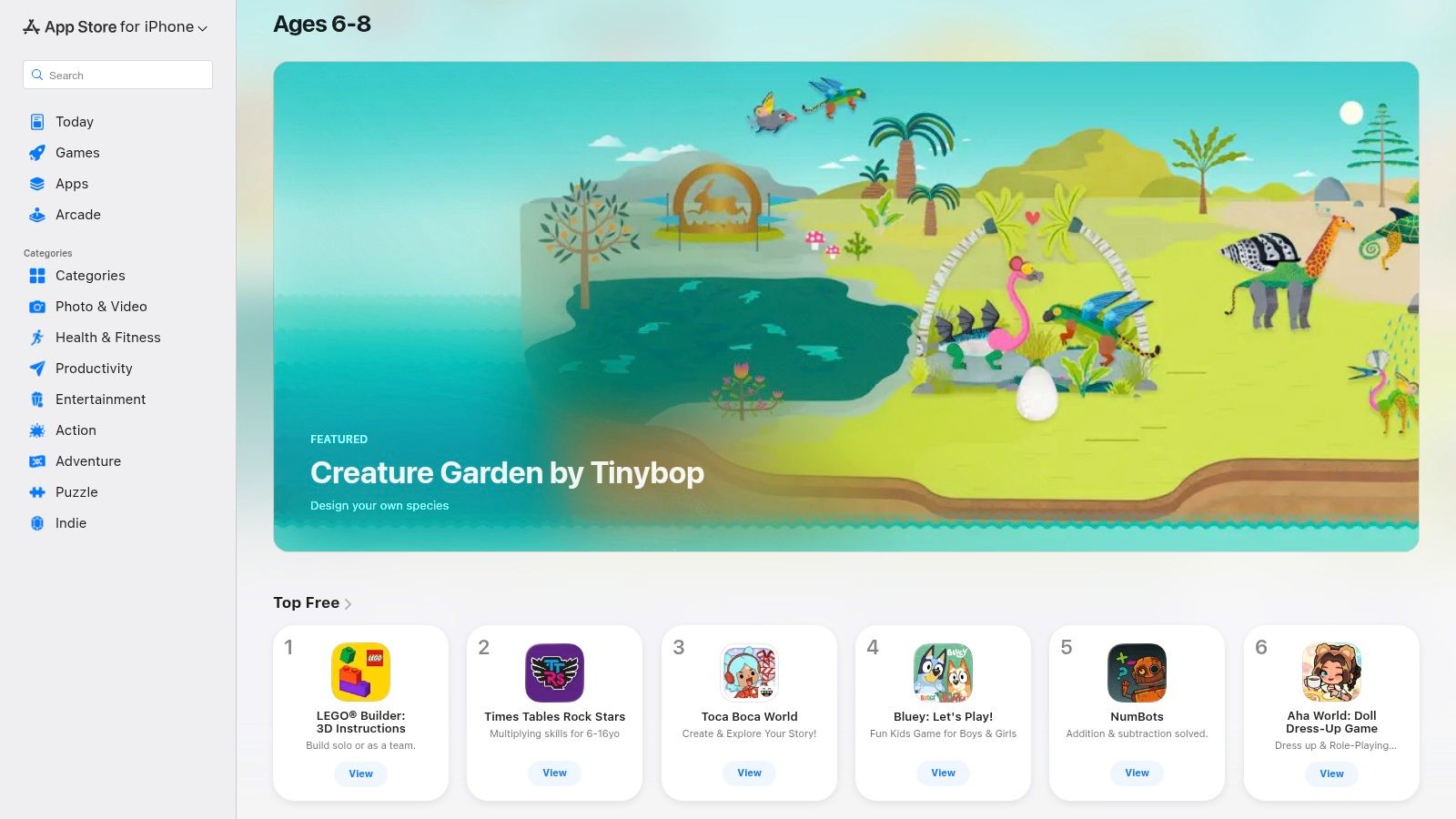 A curated list of educational apps displayed on the Apple App Store for ages 6-8.