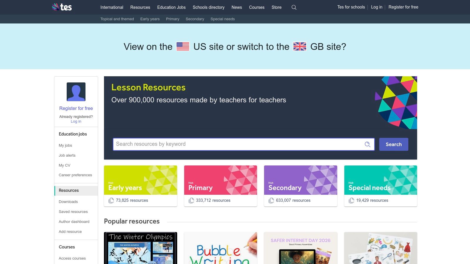 Tes Resources homepage showing a search bar for teaching materials and various subject categories