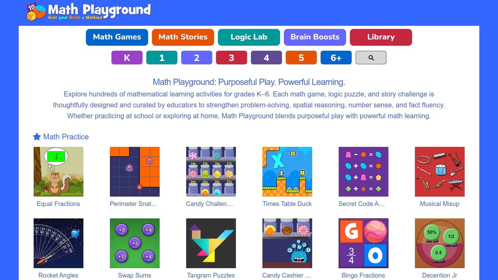 A screenshot of the Math Playground website showing colourful cartoon game icons and navigation menus.