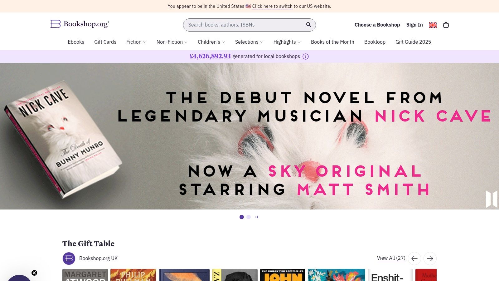 A screenshot of the Bookshop.org UK website, showing book carousels and curated lists.