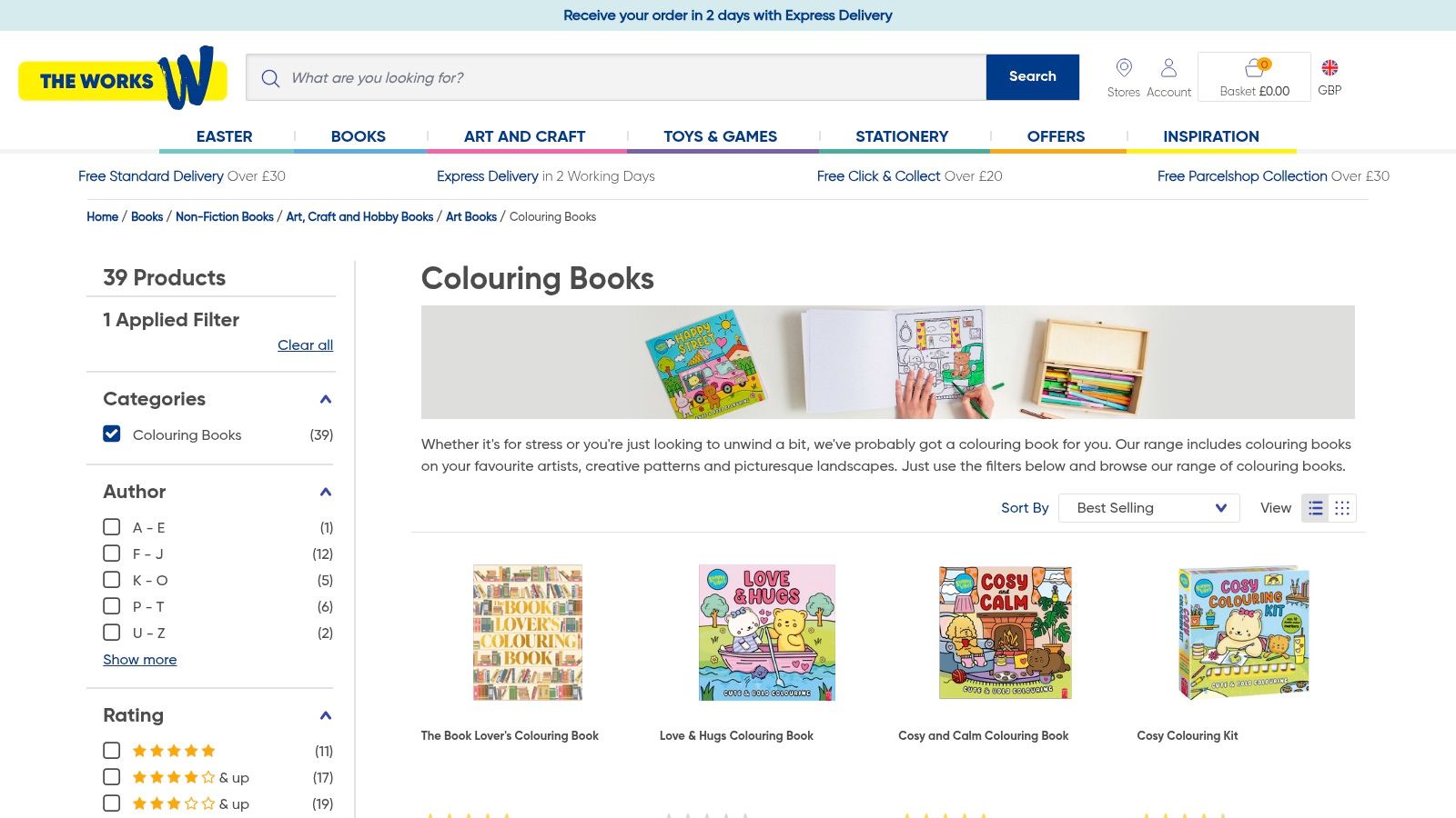 The Works website showing a colourful selection of colouring books for sale