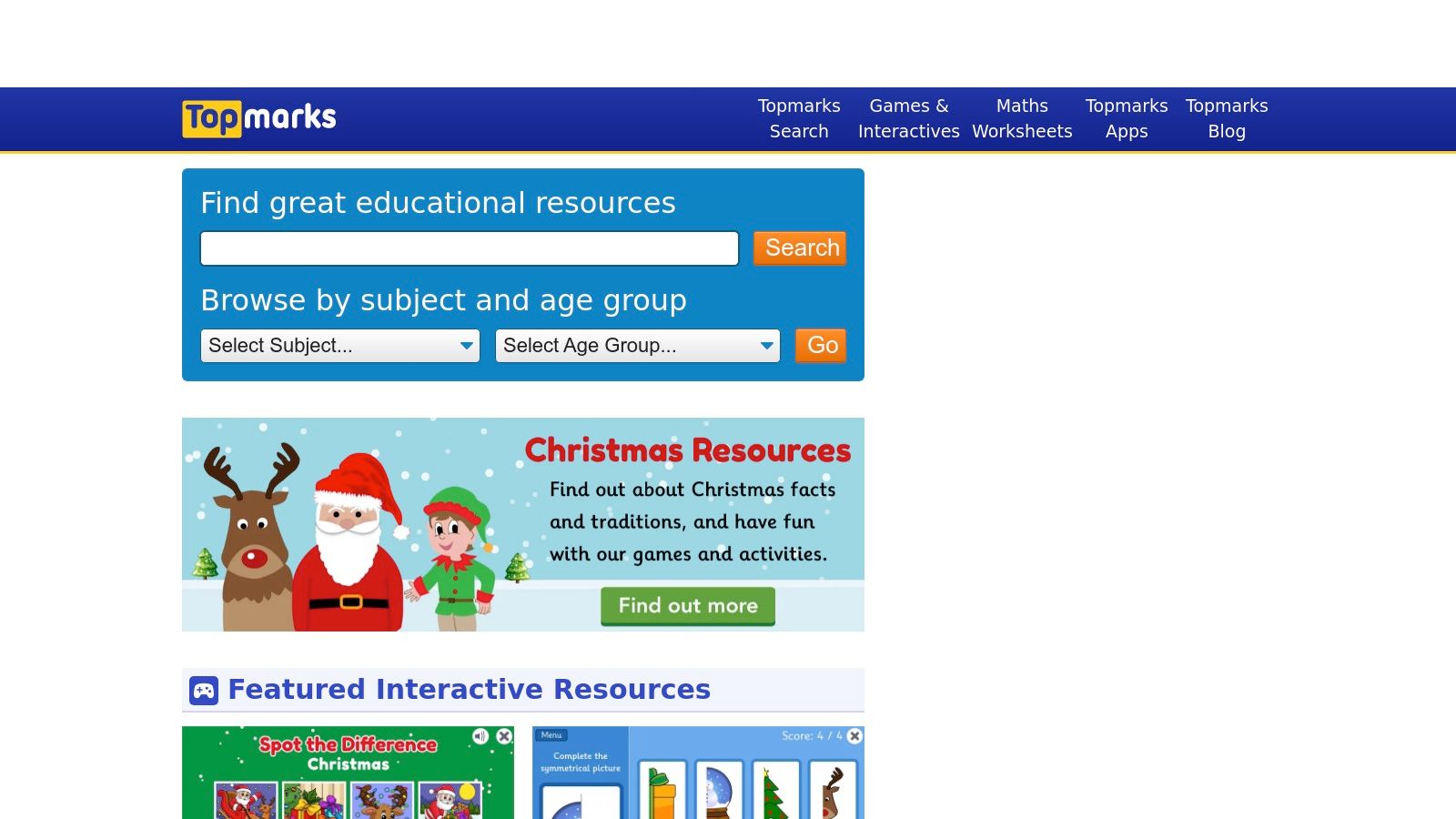 The homepage of the Topmarks website, showing categories for different learning games.