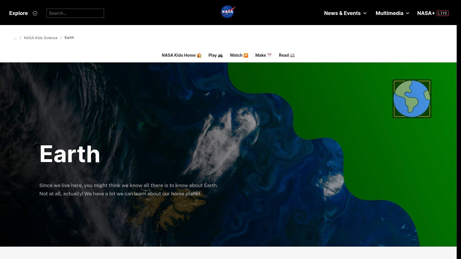 An illustration from the NASA Climate Kids website showing planet Earth with cartoon eyes and smiling clouds.