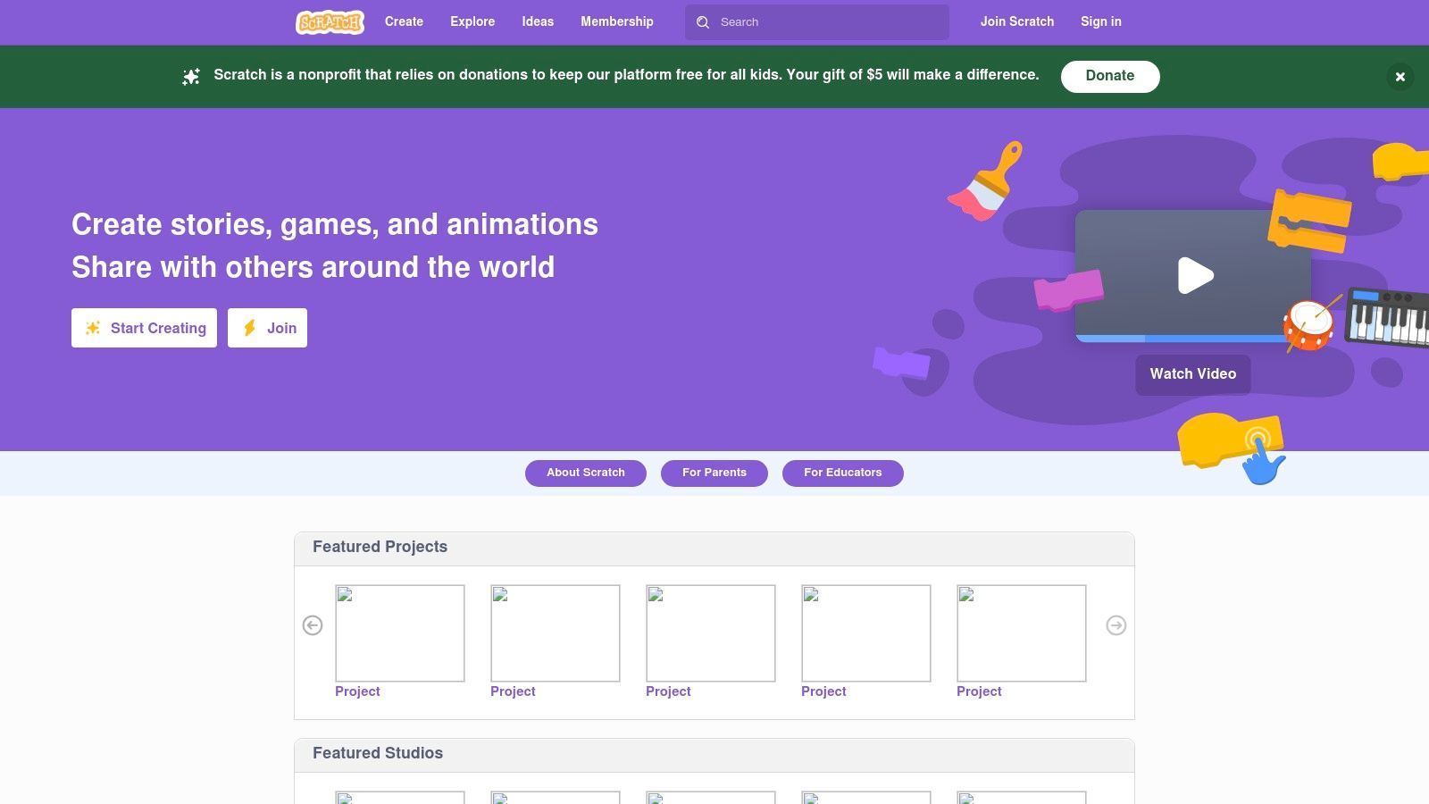 A screenshot of the Scratch (MIT) website homepage, showing a colourful interface with coding blocks and a character on a stage.