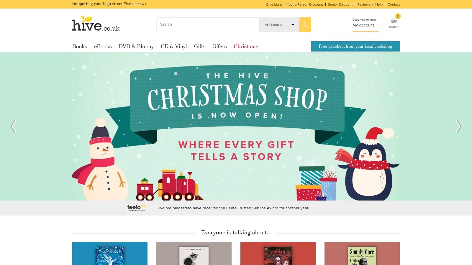 A screenshot of the Hive.co.uk homepage, showing its children's book section and highlighting the 'support local bookshops' feature.