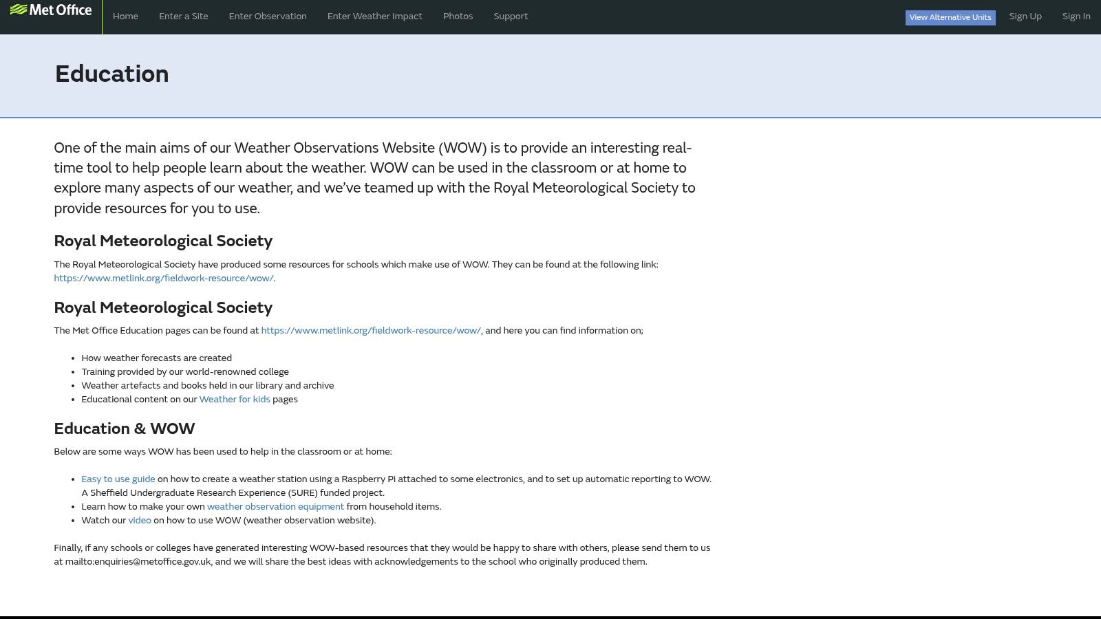The homepage of the Met Office WOW – Education website, showing a map of the UK dotted with weather observation points.