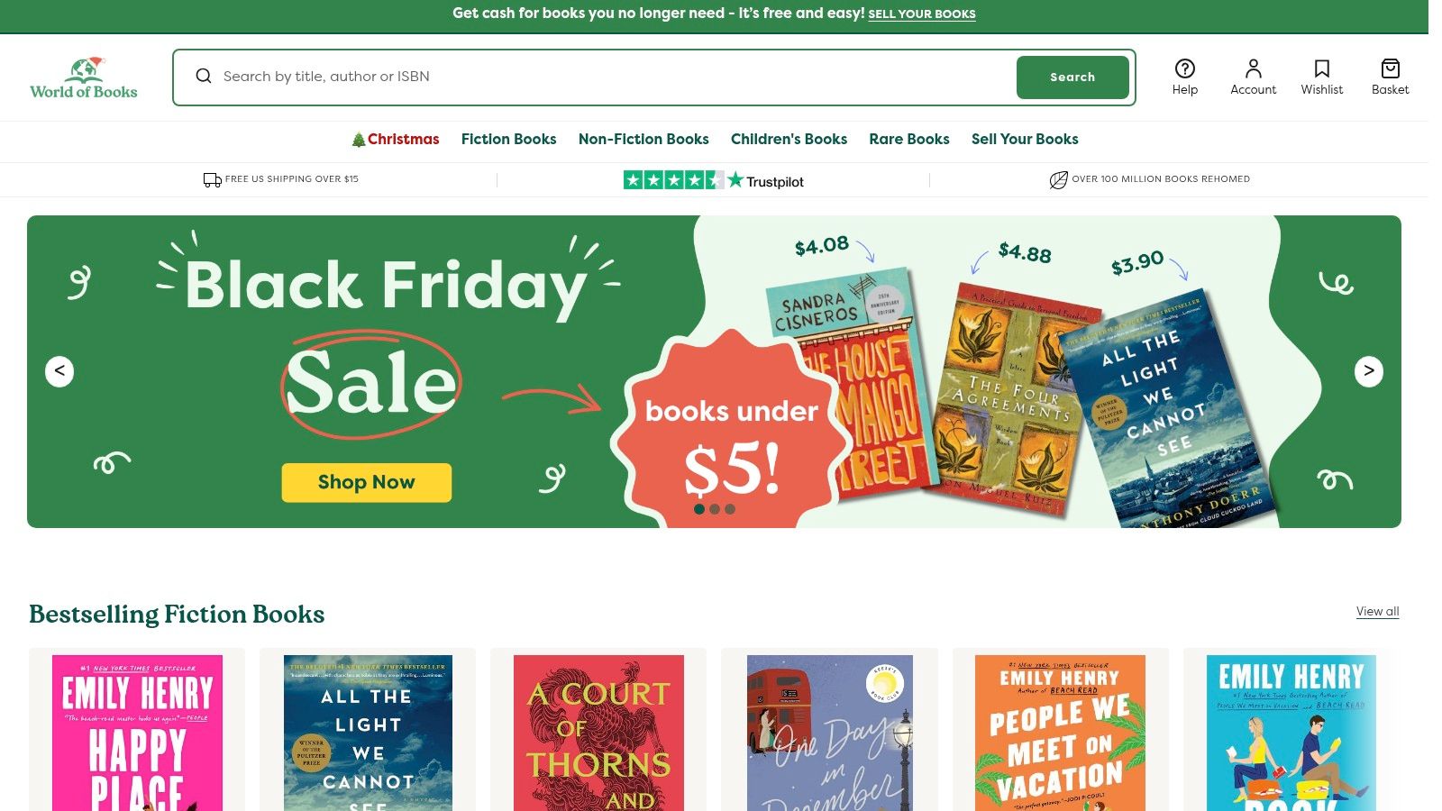 A screenshot of the World of Books website homepage, showing its logo and search functionality, emphasising its focus on pre-loved books.