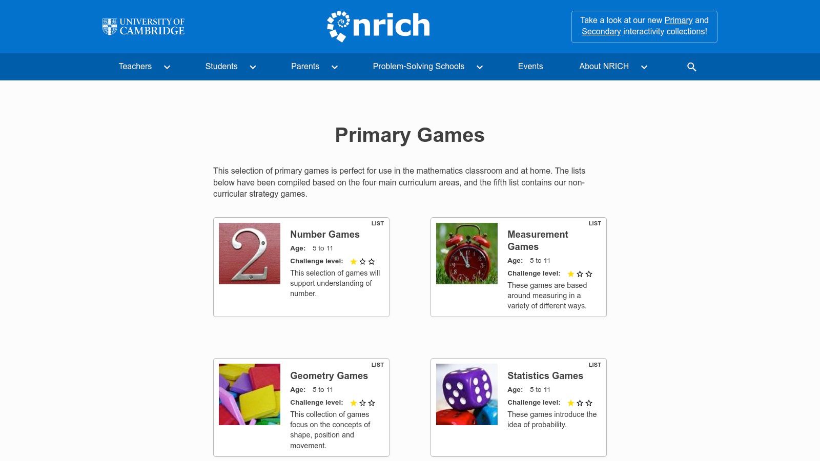A screenshot of the NRICH website showing a colourful maths puzzle game with numbers and shapes.