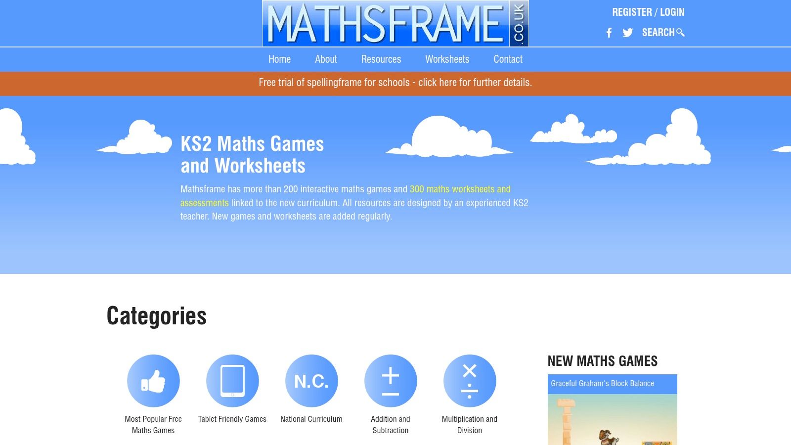A screenshot of the Mathsframe website showing a selection of colourful maths games, including one titled 'Multiplying Fractions'.