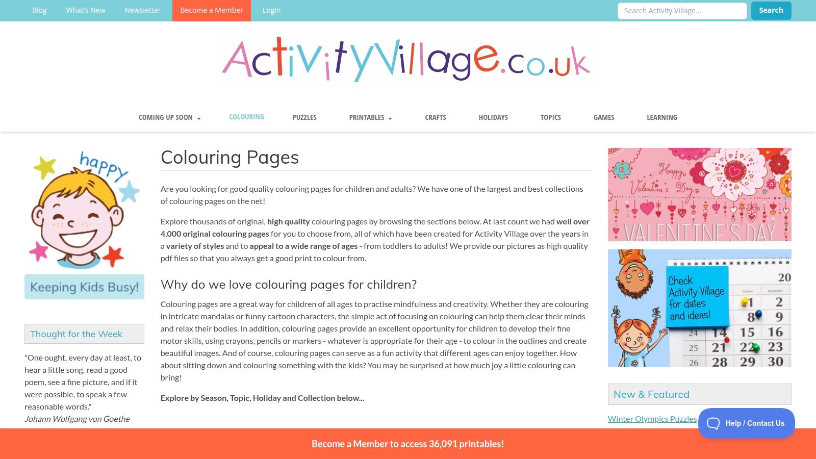 The Activity Village website homepage showing a colourful header and sections for colouring pages and crafts