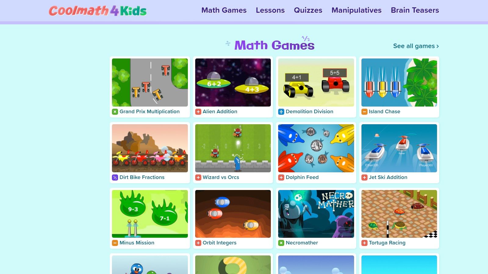 A screenshot of the Coolmath4Kids website showing colourful, blocky game characters and options for maths games, lessons, and quizzes.