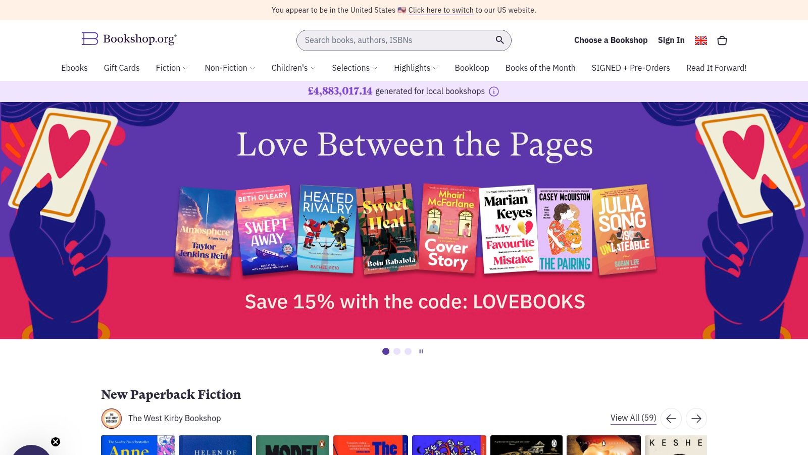 A screenshot of the Bookshop.org UK homepage, displaying a colourful and inviting layout with various book categories and recommendations.