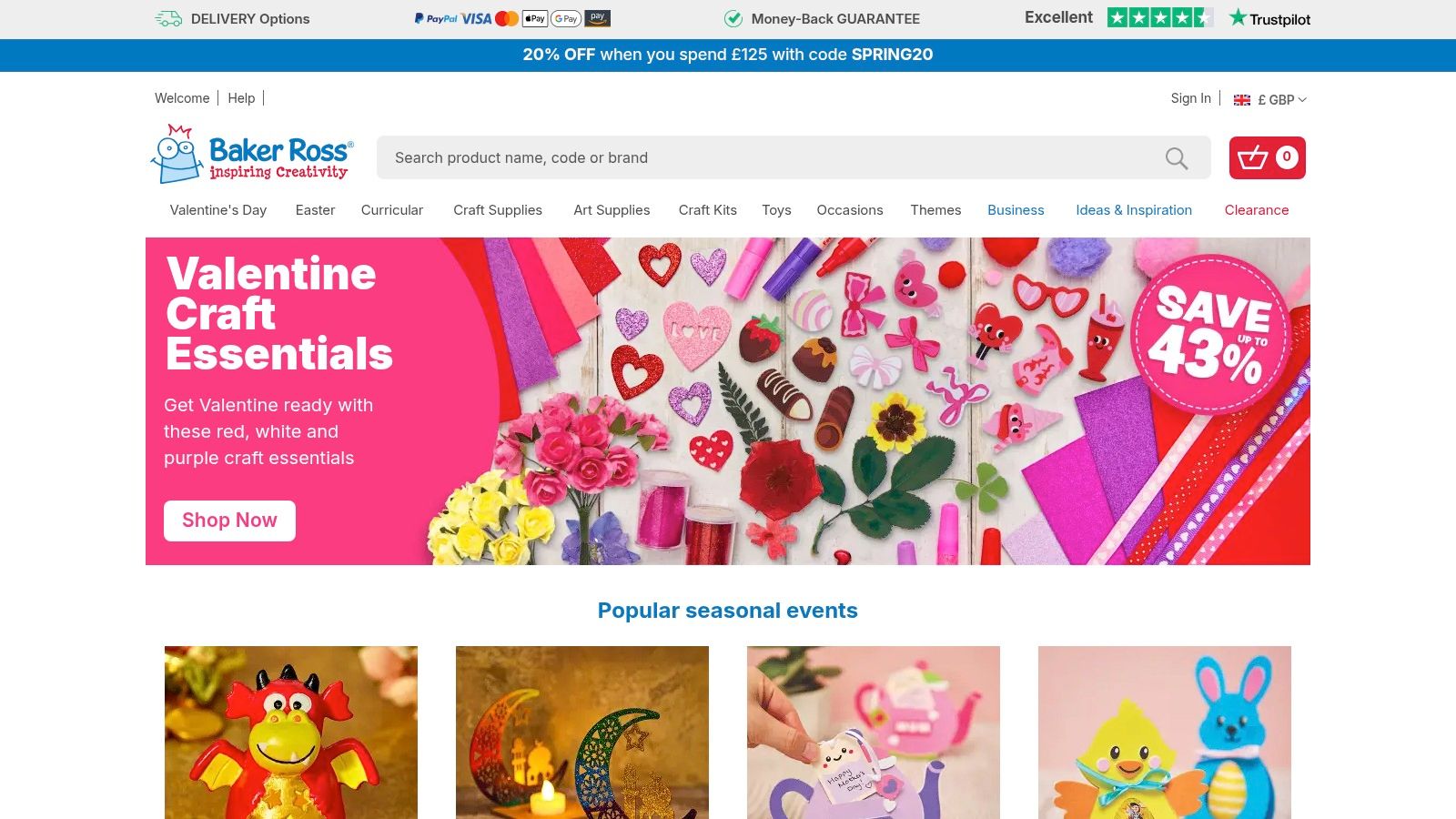 Baker Ross homepage showcasing craft supplies and colouring activities