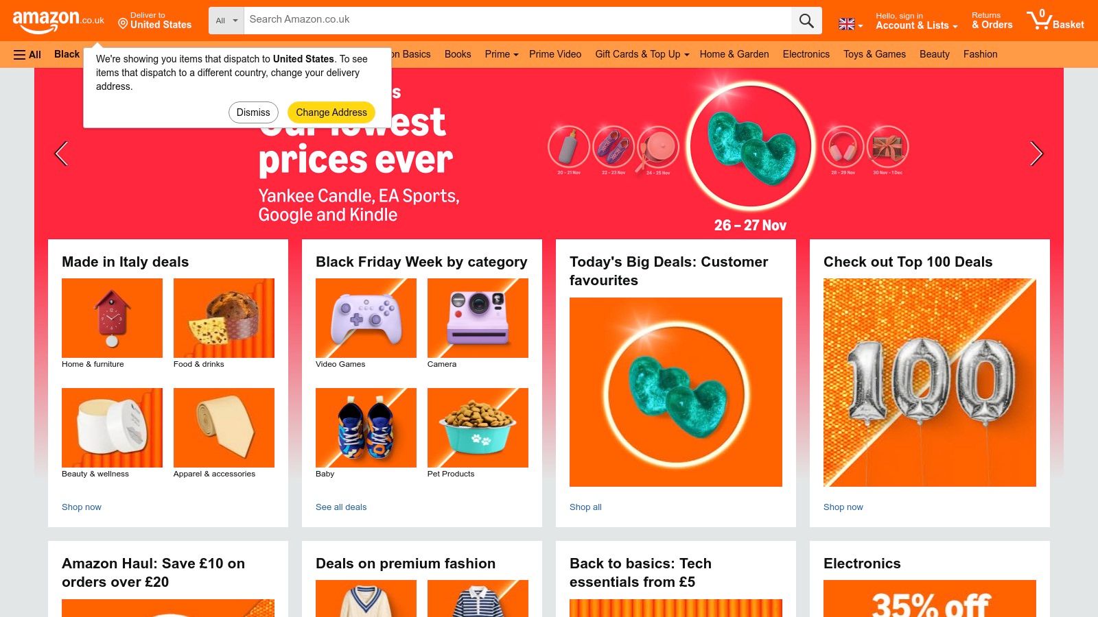 A screenshot of the Amazon UK homepage, showing the search bar and various product categories.