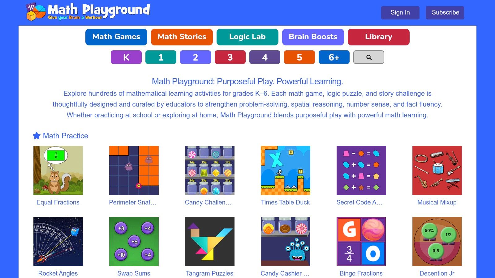 A screenshot of the Math Playground website showing various colourful maths games.